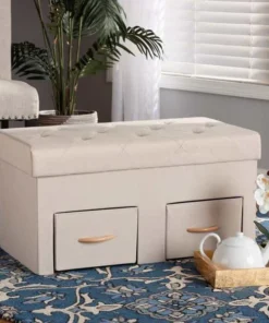 Baxton Studio Gerwin ModernBeige Fabric Upholstered and Oak Brown Finished Wood 2-Drawer Storage Ottoman