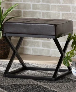 Baxton Studio Magnus ModernDark Brown Faux Leather Upholstered and Black Metal Ottoman Stool