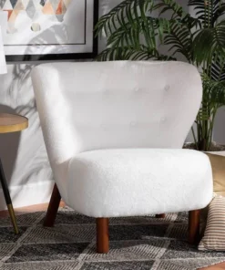 Baxton Studio Cabrera Modern & Contemporary White Boucle Upholstered and Walnut Brown Finished Wood Accent Chair