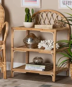 Baxton Studio Redell Modern Bohemian Natural Brown Rattan 3-Tier Display Shelf