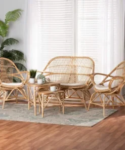 Baxton Studio Jayden Bohemian White Fabric Upholstered and Natural Brown Finished Rattan 5-Piece Living Room Set
