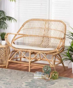 Baxton Studio Jayden Modern Bohemian White Fabric Upholstered and Natural Brown Finished Rattan Loveseat