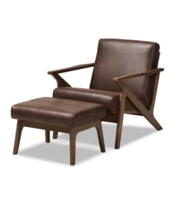 Baxton Studio Bianca Walnut Wood Brown Faux Leather Lounge Chair and Ottoman Set