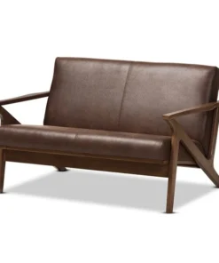 Baxton Studio Bianca Walnut Wood Dark Brown Distressed Faux Leather 2-Seater