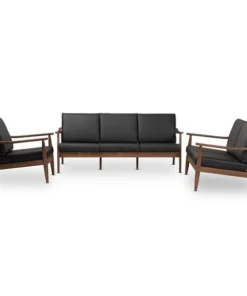 Baxton Studio Venza Walnut Wood Black Faux Leather 3-Piece Livingroom Set