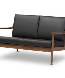 Baxton Studio Venza Walnut Wood Black Faux Leather 2-Seater Loveseat