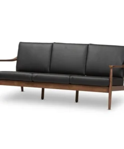 Baxton Studio Venza Walnut Wood Black Faux Leather 3-Seater Sofa