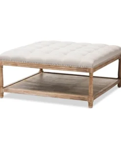 Baxton Studio Carlotta Oak Beige Linen Square Coffee Table Ottoman