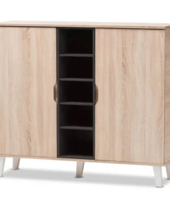 Baxton Studio Adelina Mid-Century Modern 2-door Oak and Grey Wood Shoe Cabinet