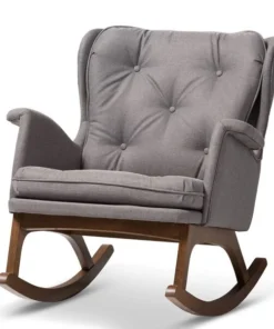 Baxton Studio Maggie Grey Upholstered Walnut-Finished Rocking Chair