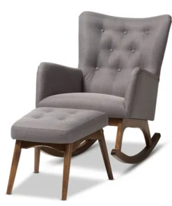 Baxton Studio Waldmann Grey Upholstered Rocking Chair and Ottoman Set