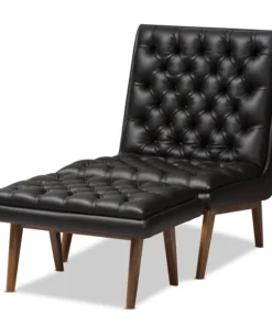 Baxton Studio Annetha Black Upholstered Walnut Finished Wood Chair And Ottoman Set