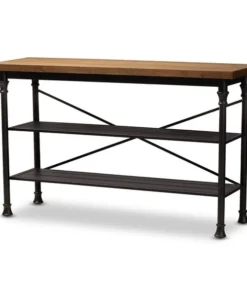 Baxton Studio Velera Wood and Dark Bronze-Finished Metal Kitchen Storage Shelf Unit