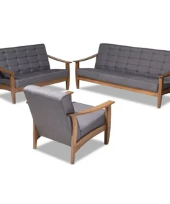 Baxton Studio Larsen Gray Upholstered Walnut Wood 3-Piece Living Room Set