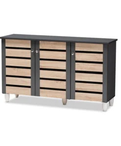Baxton Studio Gisela Two-Tone Oak and Dark Gray 3-Door Shoe Storage Cabinet