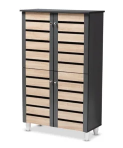 Baxton Studio Gisela Two-Tone Oak and Dark Gray 4-Door Shoe Storage Cabinet