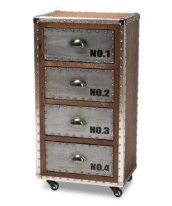Baxton Studio Avere Brown Wood and Silver Metal 4-Drawer Rolling Accent Chest