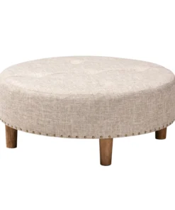 Baxton Studio Vinet Beige Upholstered Natural Wood Cocktail Ottoman