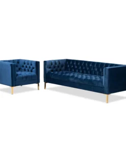 Baxton Studio Zanetta Gray Velvet Gold Finished 2-Piece Sofa and Lounge Chair Set