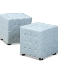 Baxton Studio Elladio Light Blue Upholstered Tufted Cube Ottoman, PK2