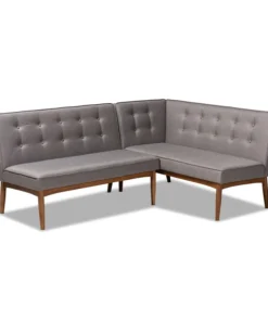 Baxton Studio Arvid Mid-Century Gray Upholstered 2-PC Wood Dining Corner Sofa Bench