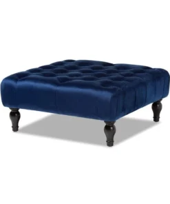 Baxton Studio Keswick Blue Velvet Upholstered Button Tufted Cocktail Ottoman