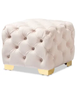 Baxton Studio Avara Beige Velvet Upholstered Gold Finished Button Tufted Ottoman