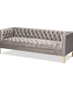Baxton Studio Zanetta Gray Velvet Upholstered Gold Finished Sofa