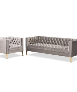 Baxton Studio Zanetta Gray Velvet Gold Finished 2-Piece Sofa and Lounge Chair Set