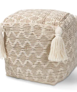 Baxton Studio Noland Natural and Ivory Handwoven Cotton and Hemp Pouf Ottoman