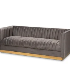 Baxton Studio Aveline Grey Velvet Upholstered Brushed Gold Finished Sofa