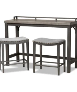 Baxton Studio Noll Grey Upholstered 3-Piece Multipurpose Metal Counter Table Set