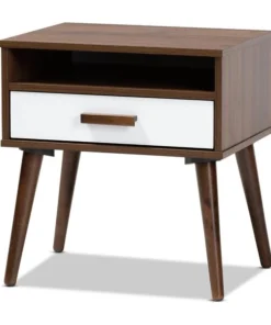 Baxton Studio Quinn White and Walnut Finished 1-Drawer Wood End Table