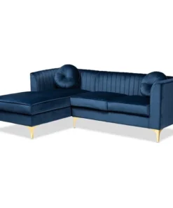 Baxton Studio Giselle Blue Velvet Gold Finished Left Facing Sectional with Chaise