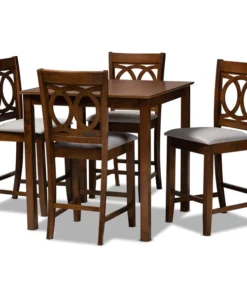 Baxton Studio Lenoir Grey Upholstered Walnut Brown Finished 5-Piece Wood Pub Set