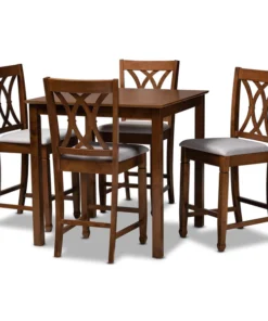 Baxton Studio Reneau Grey Upholstered Walnut Brown Finished 5-Piece Wood Pub Set