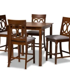 Baxton Studio Verina Grey Upholstered Walnut Brown Finished 5-Piece Wood Pub Set