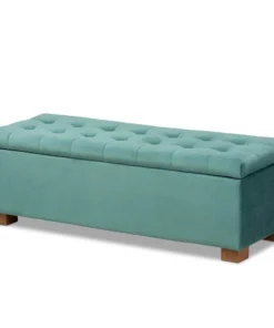 Baxton Studio Roanoke Teal Blue Velvet Upholstered Grid-Tufted Storage Ottoman Bench