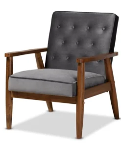 Baxton Studio Sorrento Grey Velvet Upholstered Walnut Finished Wooden Lounge Chair