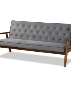 Baxton Studio Sorrento Grey Velvet Upholstered Walnut Finished Wooden 3-seater Sofa