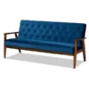 Baxton Studio Sorrento Blue Velvet Upholstered Walnut Finished Wooden 3-seater Sofa