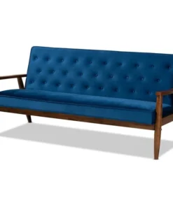 Baxton Studio Sorrento Blue Velvet Upholstered Walnut Finished Wooden 3-seater Sofa
