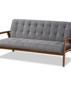Baxton Studio Asta Mid-Century Grey Velvet Upholstered Walnut Finished Wood Sofa