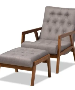 Baxton Studio Naeva Upholstered Walnut Finished Wood 2-PC Armchair and Footstool Set