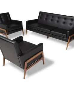 Baxton Studio Perris Black Upholstered Walnut Finished Wood 3-Piece Living Room Set