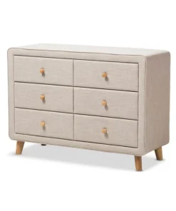 Baxton Studio Jonesy Mid-Century Beige Linen Upholstered 6-Drawer Dresser