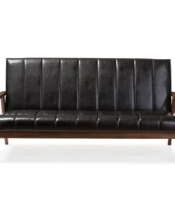 Baxton Studio Nikko Mid-century Black Faux Leather Wooden 3-Seater Sofa