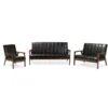 Baxton Studio Nikko Mid-century Black Faux Leather 3 Pieces Living Room Sets