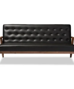 Baxton Studio Sorrento Black Faux Leather Upholstered Wooden 3-seater Sofa