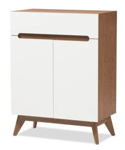 Baxton Studio Calypso Mid-Century Modern White and Walnut Wood Storage Shoe Cabinet